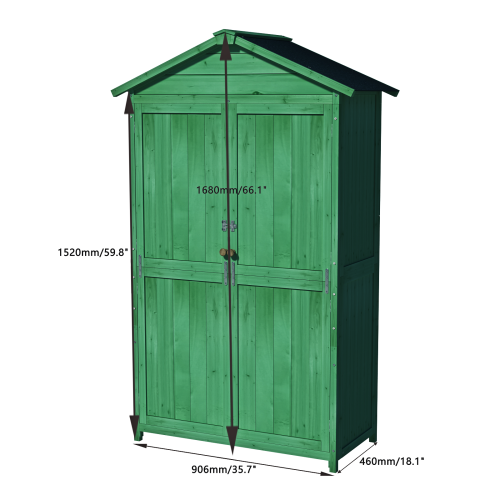 Outdoor 35.6x18.1x66.15 L Wood Storage Shed - Garden Tool Cabinet with Waterproof Asphalt Roof, Double Doors & Multi-Tier Shelves in Forest Green - Image 2