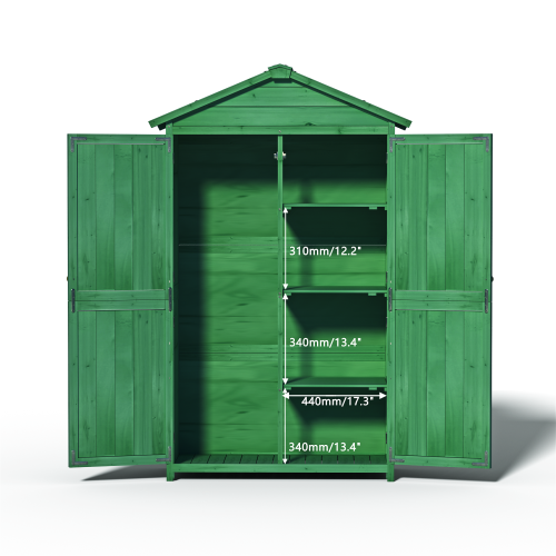 Outdoor 35.6x18.1x66.15 L Wood Storage Shed - Garden Tool Cabinet with Waterproof Asphalt Roof, Double Doors & Multi-Tier Shelves in Forest Green - Image 3