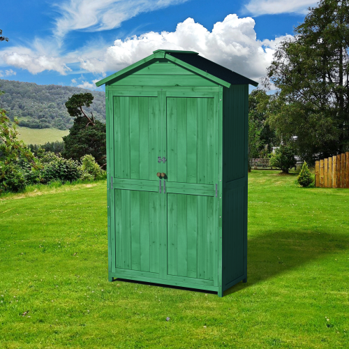 Outdoor 35.6x18.1x66.15 L Wood Storage Shed - Garden Tool Cabinet with Waterproof Asphalt Roof, Double Doors & Multi-Tier Shelves in Forest Green - Image 4