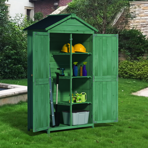Outdoor 35.6x18.1x66.15 L Wood Storage Shed - Garden Tool Cabinet with Waterproof Asphalt Roof, Double Doors & Multi-Tier Shelves in Forest Green - Image 5