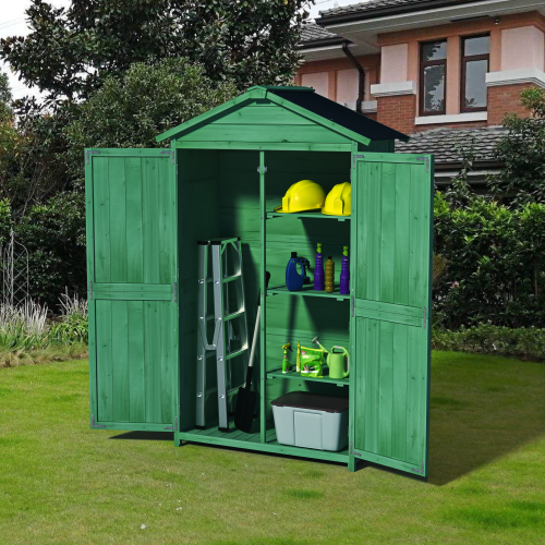 Outdoor 35.6x18.1x66.15 L Wood Storage Shed - Garden Tool Cabinet with Waterproof Asphalt Roof, Double Doors & Multi-Tier Shelves in Forest Green - Image 6