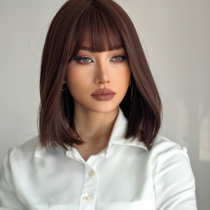 Self-Pickup 14-Inch Shoulder-Length Layered Wigs with Bangs - Black Mix Brown Mid-Length Wavy Hair for Natural Black Women, Heat Resistant Synthetic Hair Replacement Wigs