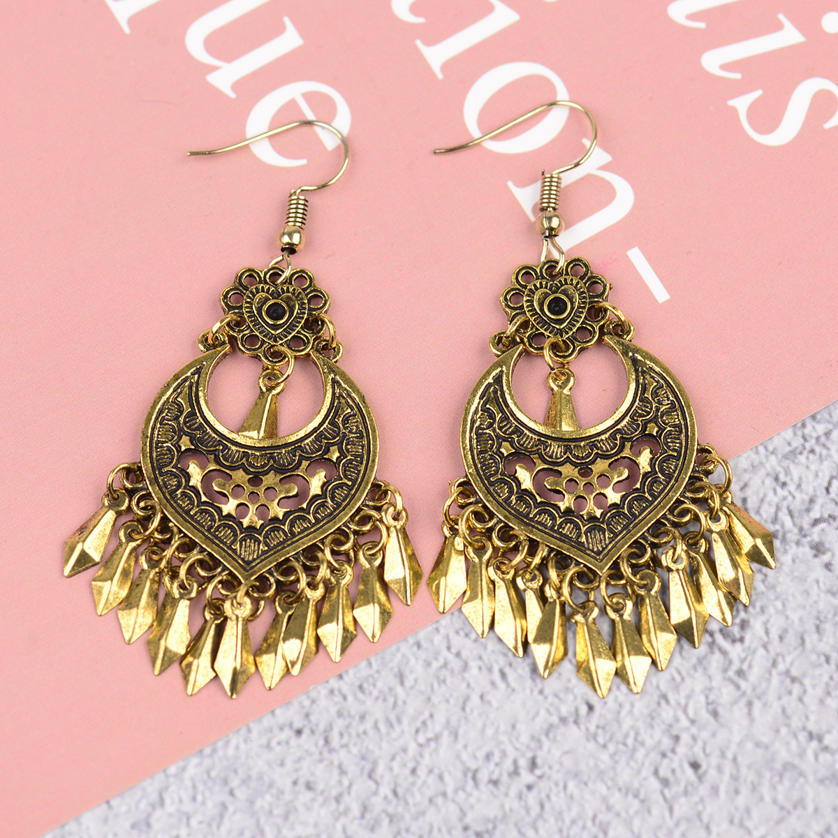 Bohemian Retro Royal Court Style Nepalese Exotic Ethnic Distressed Gold Earrings - Image 2