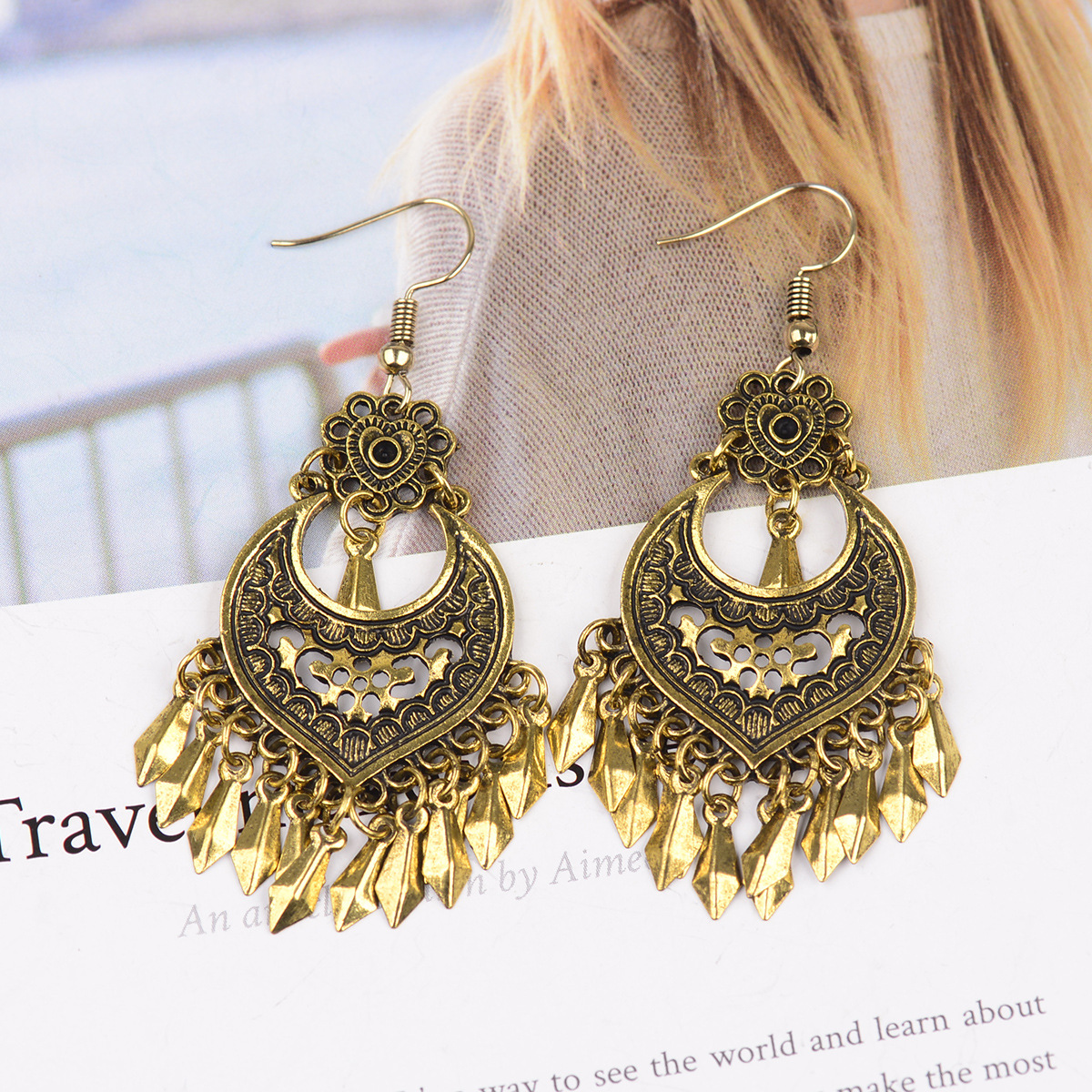 Bohemian Retro Royal Court Style Nepalese Exotic Ethnic Distressed Gold Earrings - Image 3