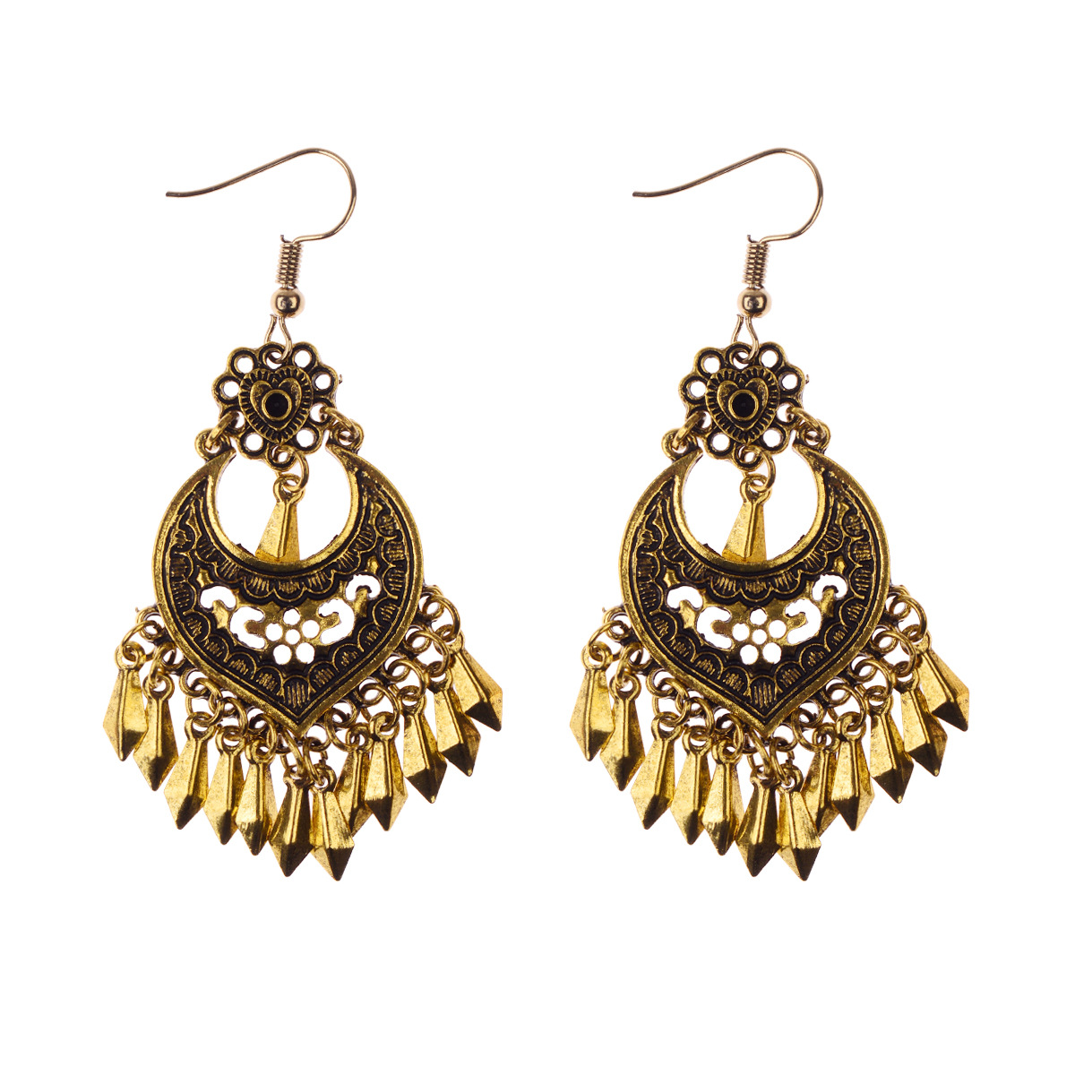 Bohemian Retro Royal Court Style Nepalese Exotic Ethnic Distressed Gold Earrings - Image 5