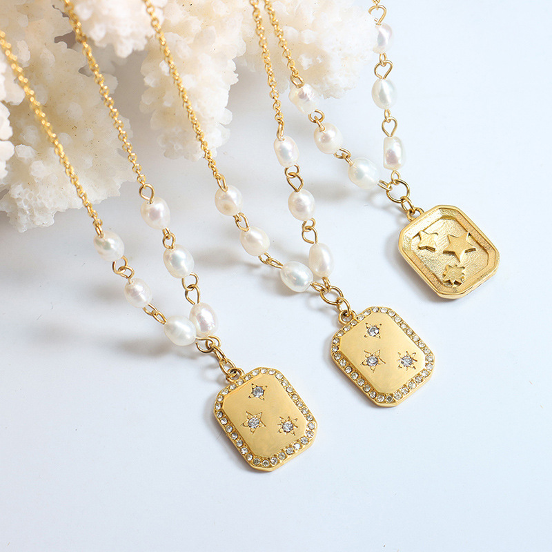 Elegant Square Inlaid Diamond Reversible Pendant with Freshwater Pearl Necklace - Image 2