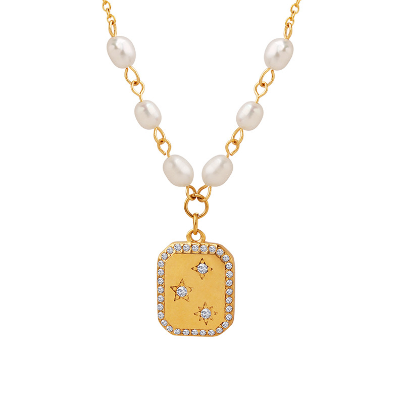 Elegant Square Inlaid Diamond Reversible Pendant with Freshwater Pearl Necklace - Image 5