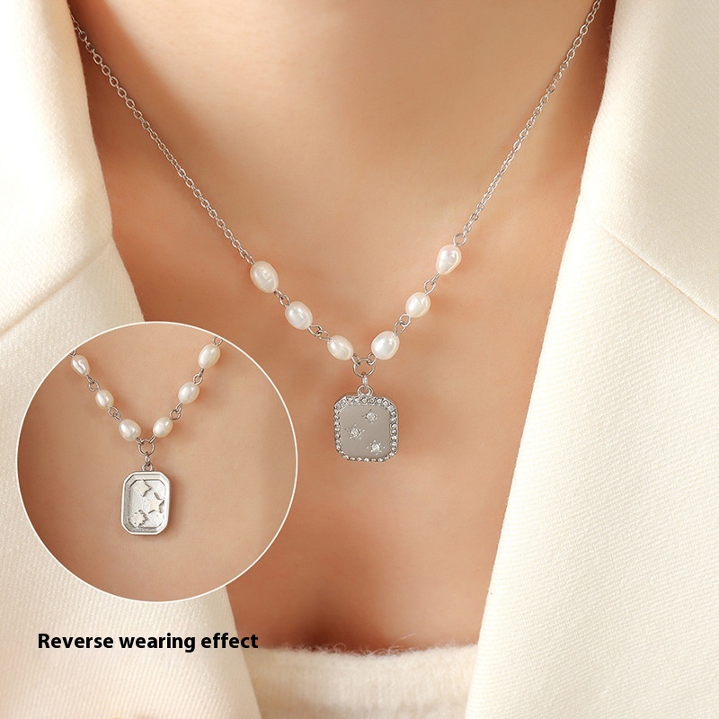 Elegant Square Inlaid Diamond Reversible Pendant with Freshwater Pearl Necklace - Image 6