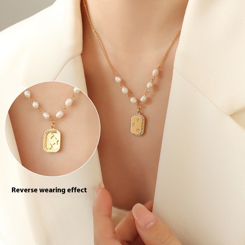 Elegant Square Inlaid Diamond Reversible Pendant with Freshwater Pearl Necklace - Image 7