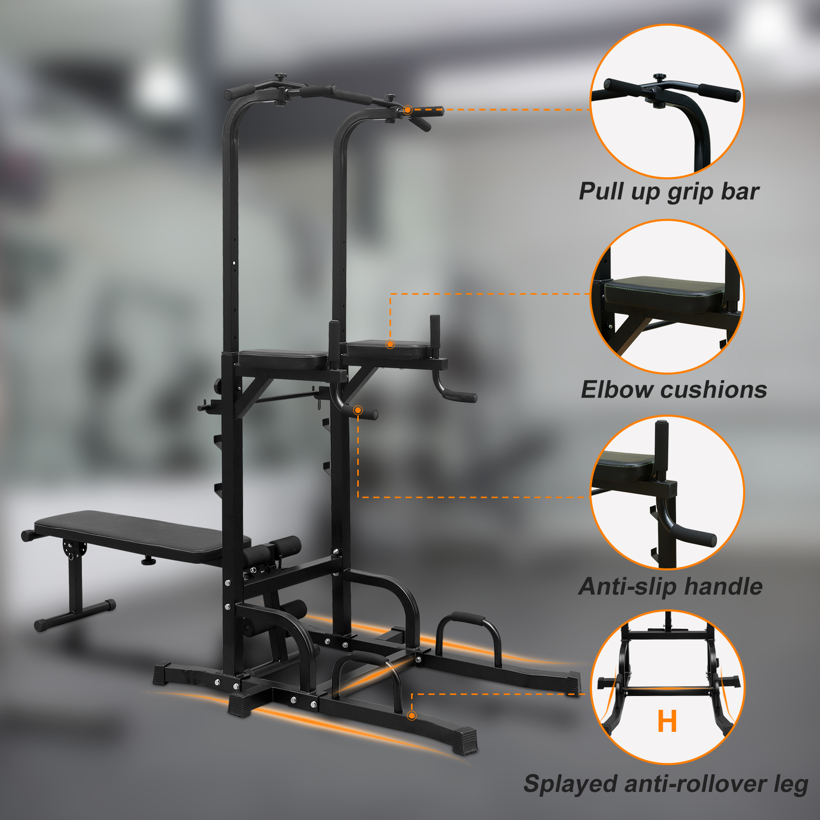 Power Tower Parallel Bar Station with Bench & Chin-Up Bar Holder for Strength Training - Image 9