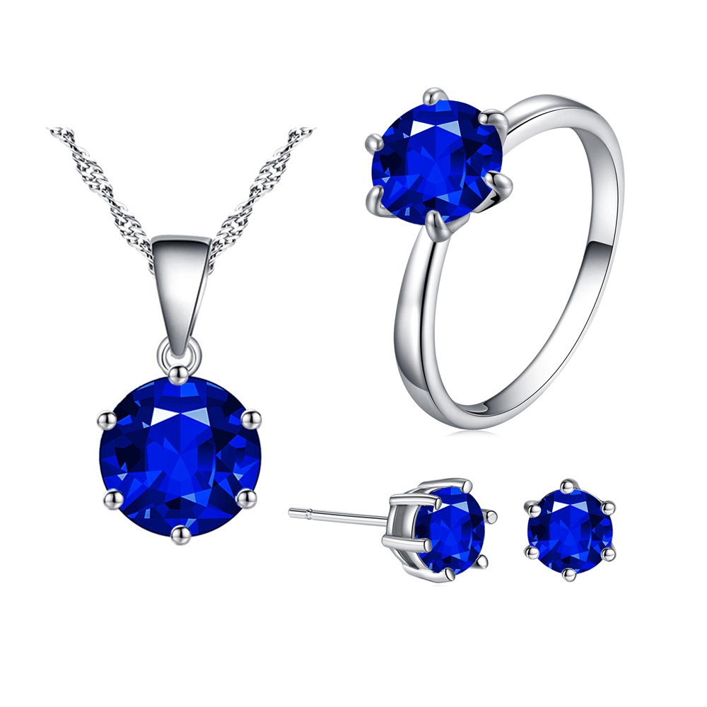 Elegant Six-Claw Color Zircon Necklace, Ear Studs, and Ring Wedding Set - Image 11