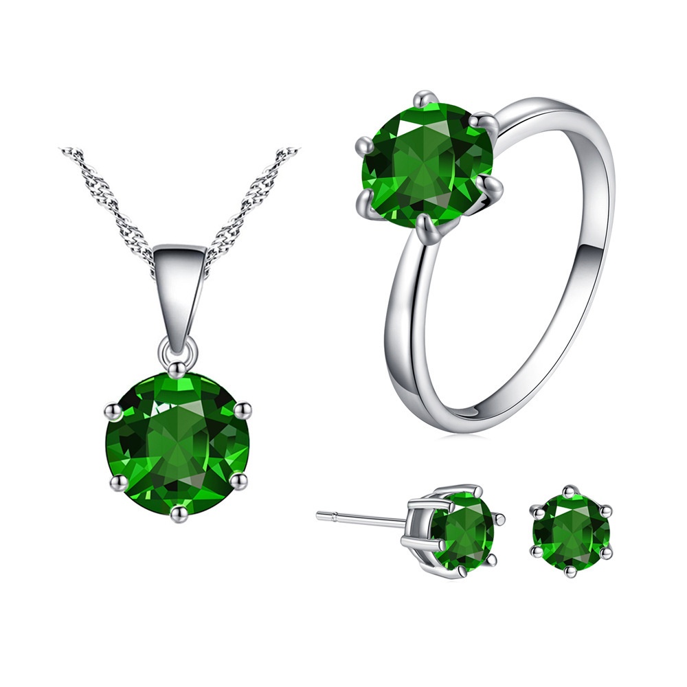 Elegant Six-Claw Color Zircon Necklace, Ear Studs, and Ring Wedding Set - Image 22