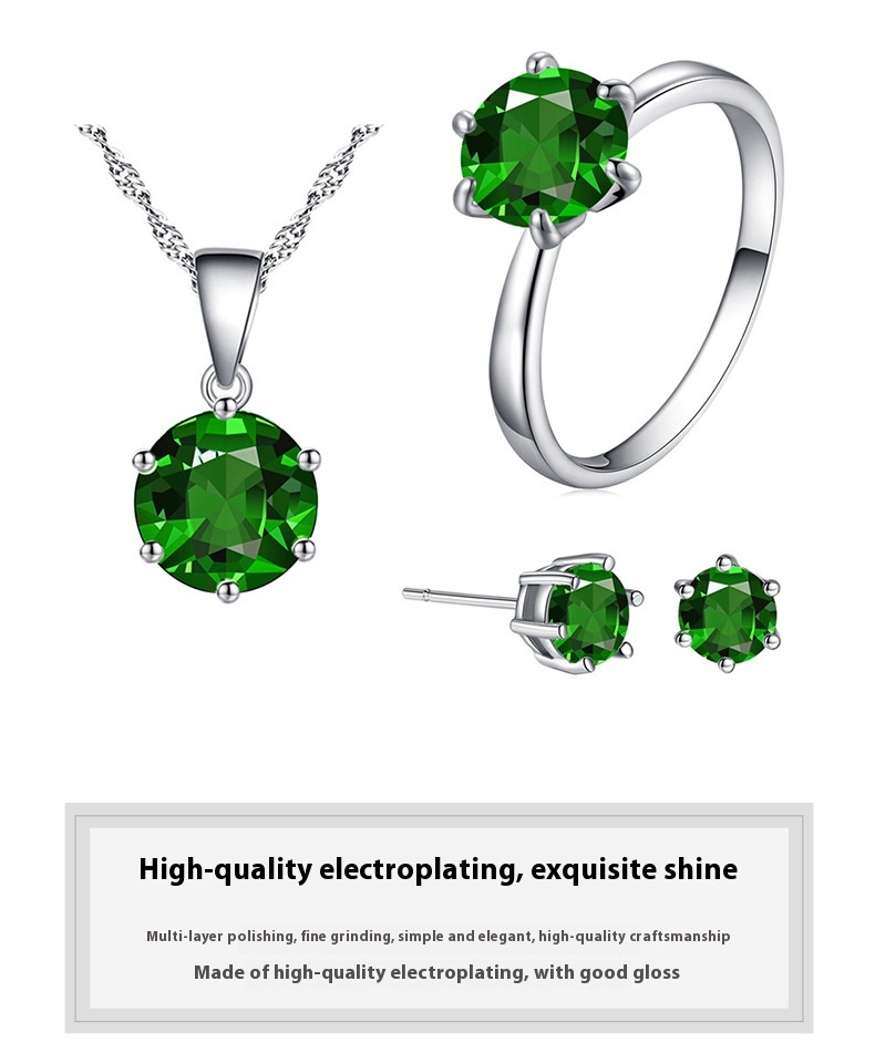 Elegant Six-Claw Color Zircon Necklace, Ear Studs, and Ring Wedding Set - Image 24