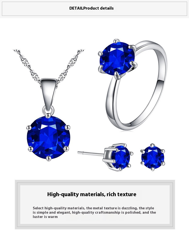 Elegant Six-Claw Color Zircon Necklace, Ear Studs, and Ring Wedding Set - Image 25