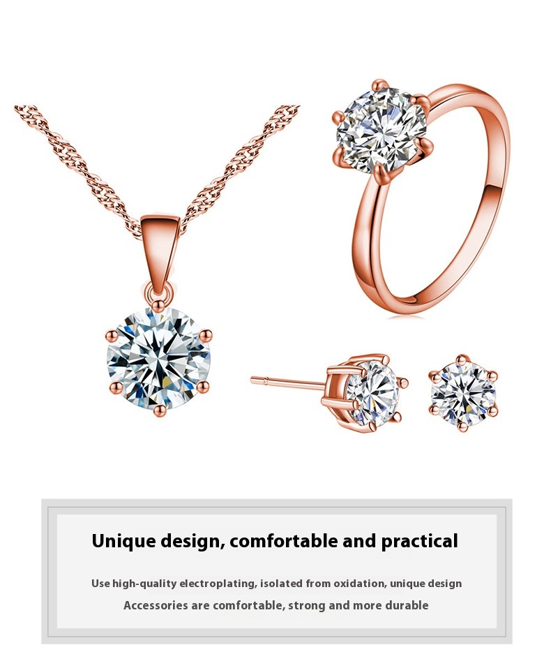 Elegant Six-Claw Color Zircon Necklace, Ear Studs, and Ring Wedding Set - Image 26