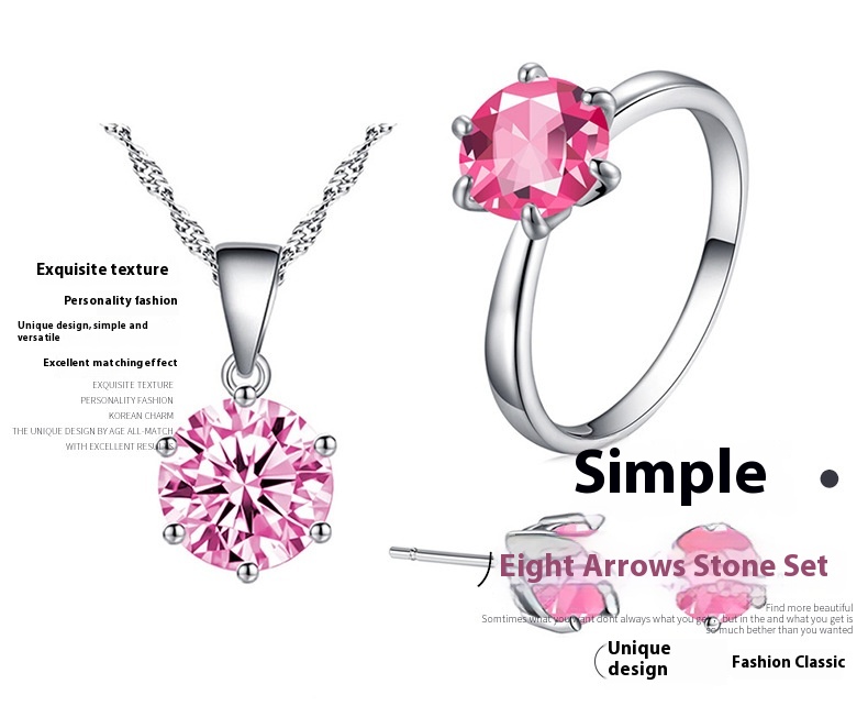 Elegant Six-Claw Color Zircon Necklace, Ear Studs, and Ring Wedding Set - Image 28