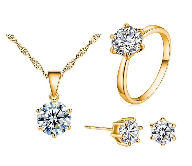 Elegant Six-Claw Color Zircon Necklace, Ear Studs, and Ring Wedding Set - Image 29