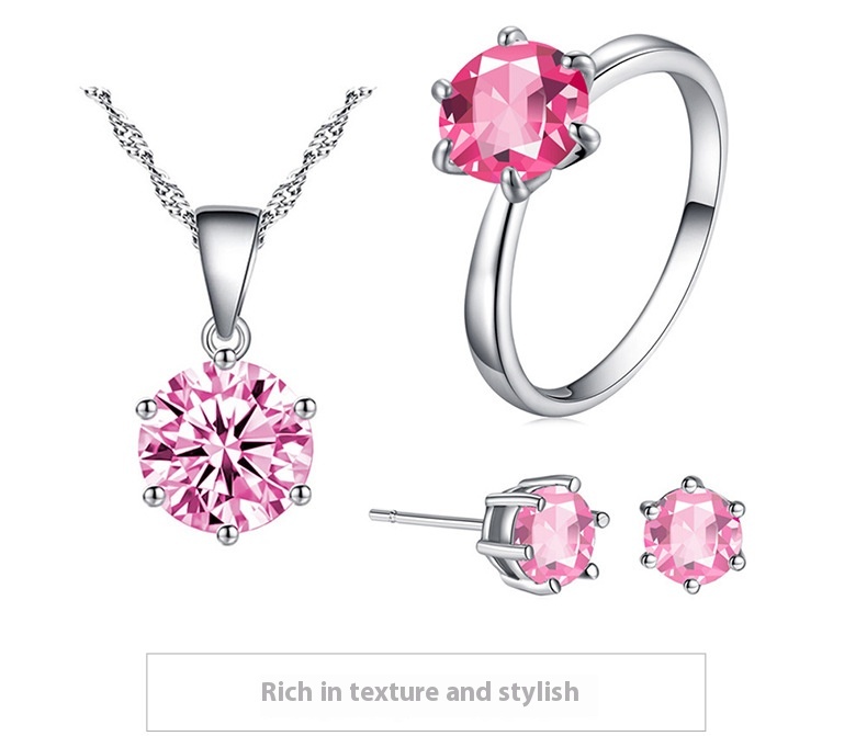 Elegant Six-Claw Color Zircon Necklace, Ear Studs, and Ring Wedding Set - Image 30