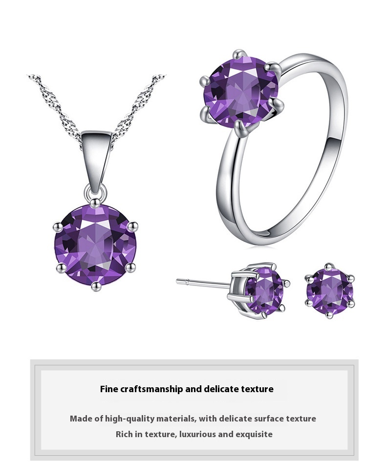 Elegant Six-Claw Color Zircon Necklace, Ear Studs, and Ring Wedding Set - Image 31