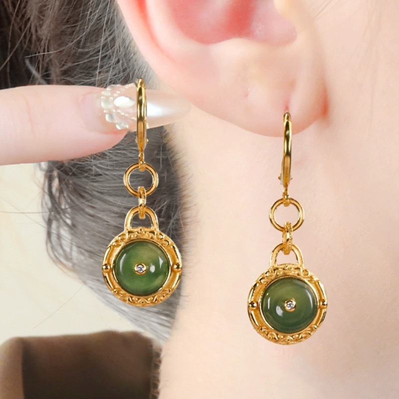 Elegant Natural Jade Peace Buckle Earrings for Women in S925 Silver Long Design