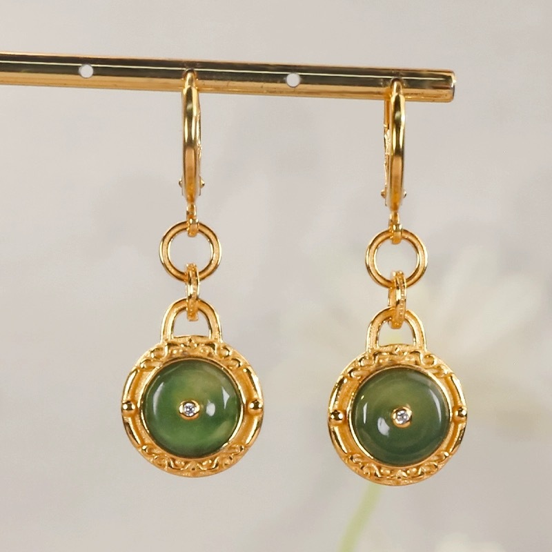 Elegant Natural Jade Peace Buckle Earrings for Women in S925 Silver Long Design - Image 4