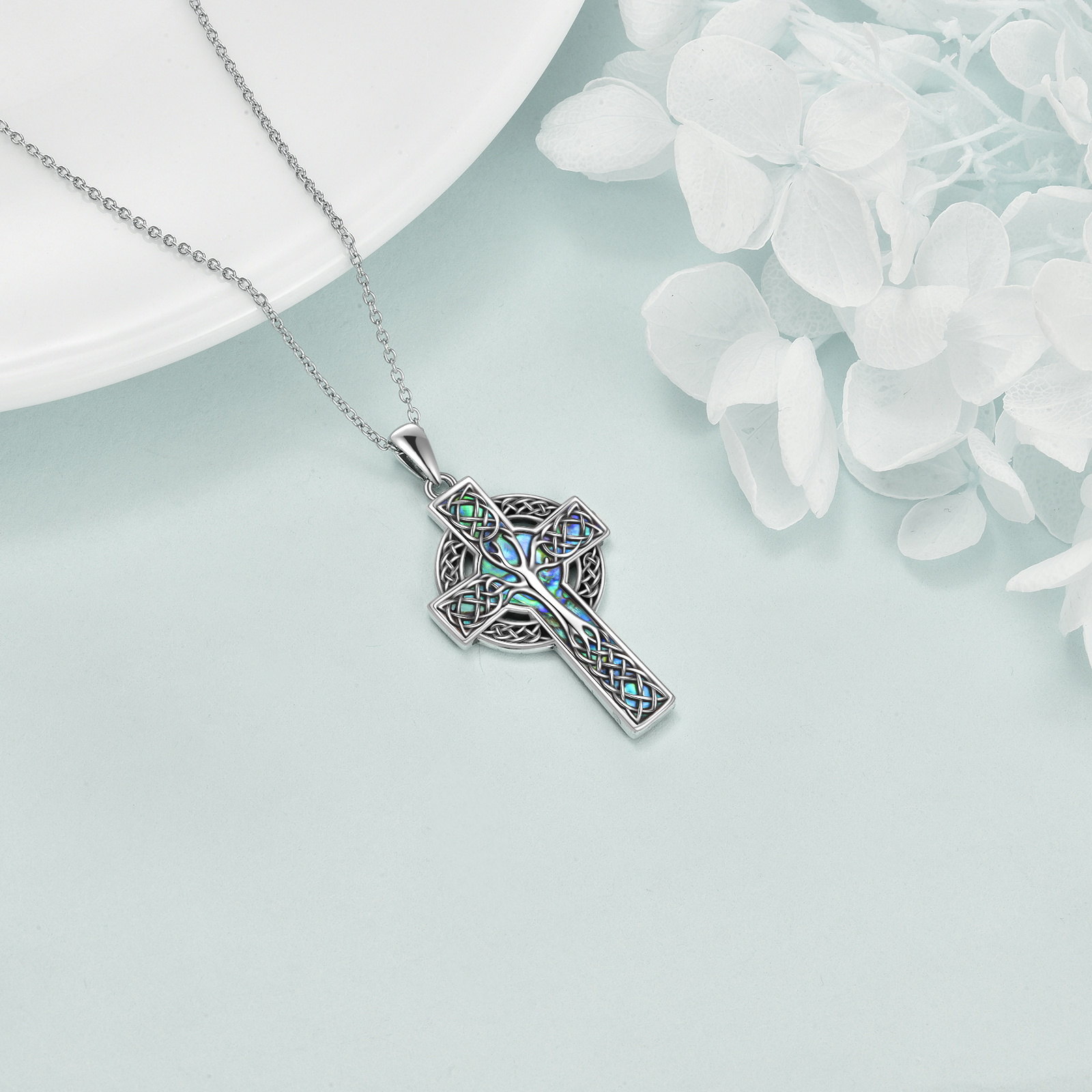 925 Sterling Silver Abalone Celtic Cross Pendant Necklace - Perfect Jewelry Gift - Image 2