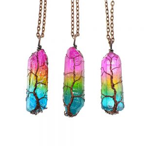 Trendy Stone Crystal Pillar Tree of Life Pendant Necklace - Fashionable Ins Design
