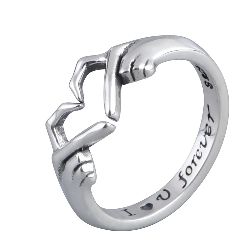 Stylish Silver Romantic Heart Hand Hug Ring for Women & Couples - Punk Wedding Finger Jewelry & Gifts - Image 3