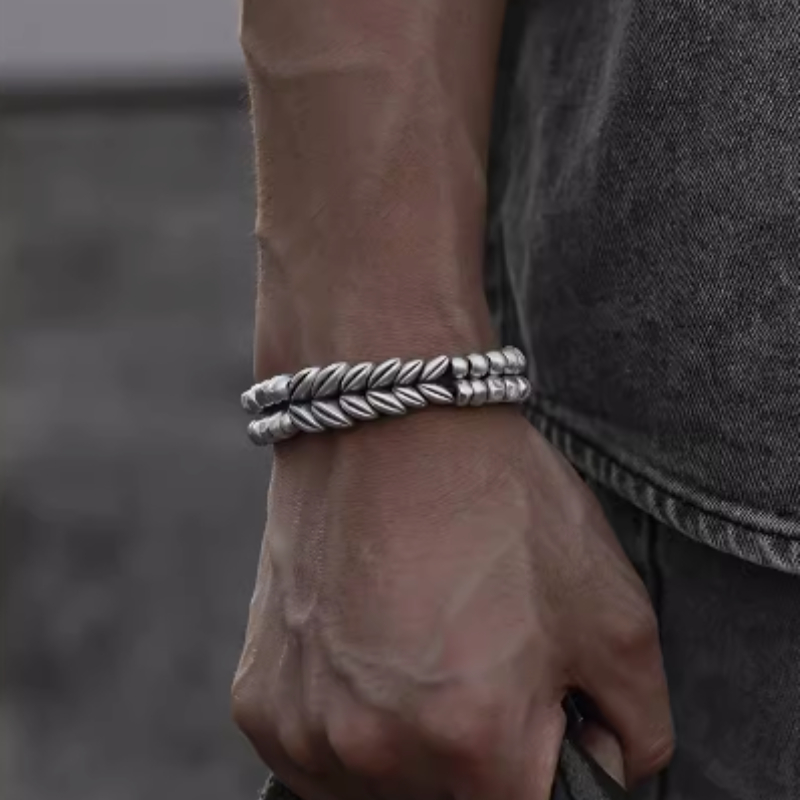 Personalized 999 Sterling Silver Wheat Ear Bracelet for Men - Fashionable Beaded Jewelry