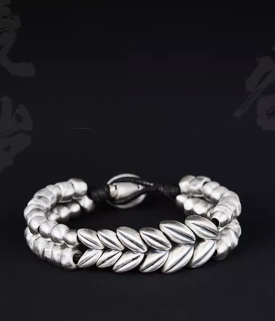 Personalized 999 Sterling Silver Wheat Ear Bracelet for Men - Fashionable Beaded Jewelry - Image 2
