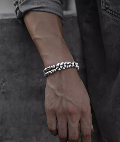 Personalized 999 Sterling Silver Wheat Ear Bracelet for Men - Fashionable Beaded Jewelry - Image 3