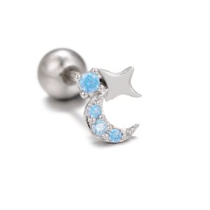 Fashion Jewelry Star & Moon Cubic Zirconia Stainless Steel Pendant Cartilage Hoop Earring Chain