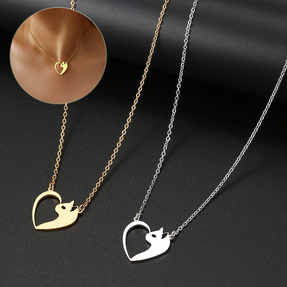 Stylish Women's Stainless Steel Jewelry - Heart Cat Hollow Pendant Choker & Clavicle Chain - Perfect Fashion Necklaces for Gifts to Women & Girls - Image 5