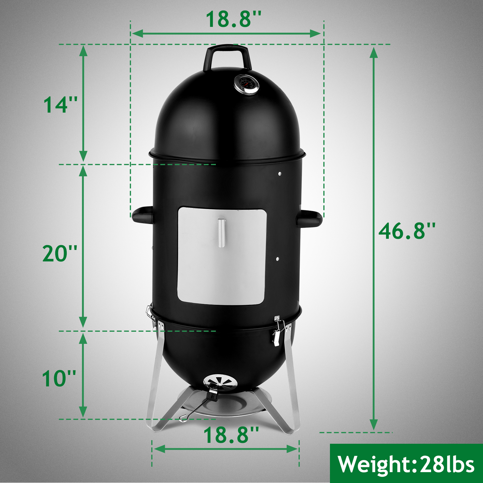 48x48x119cm Black 3-Tier Oval Cylinder Smoker - Heavy-Duty Charcoal Grill - Image 2