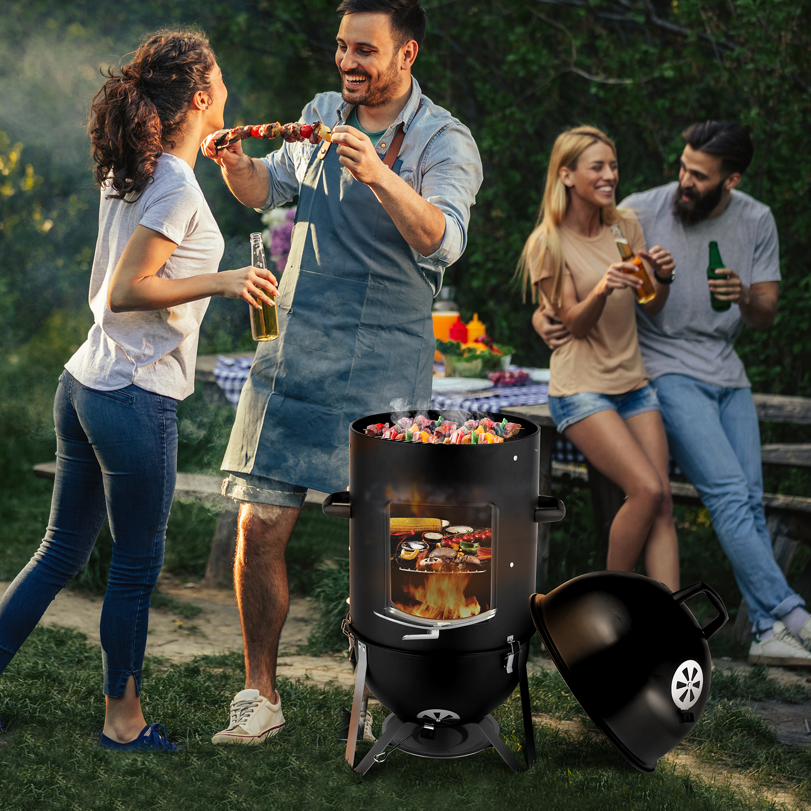 48x48x119cm Black 3-Tier Oval Cylinder Smoker - Heavy-Duty Charcoal Grill - Image 7