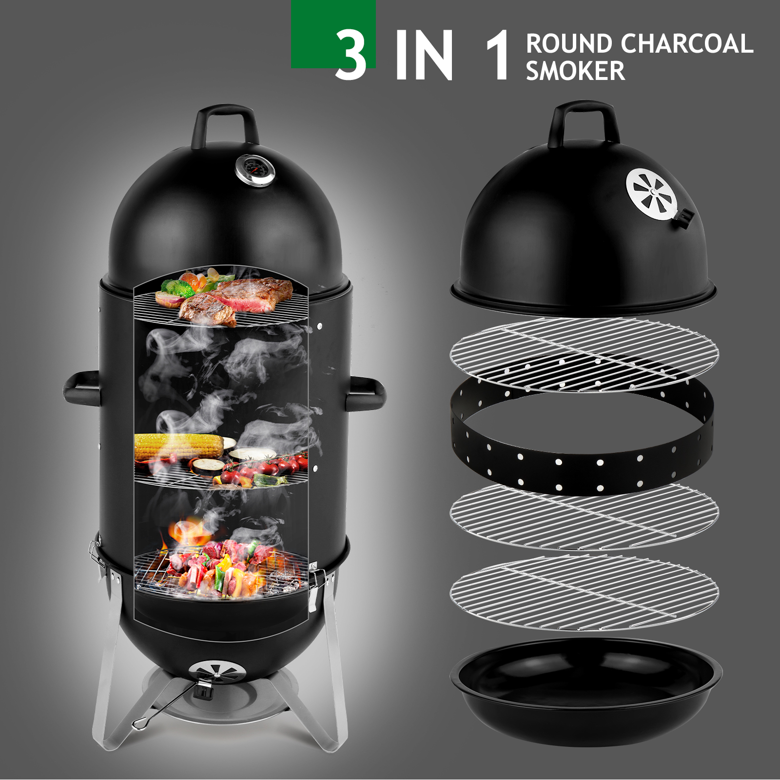 48x48x119cm Black 3-Tier Oval Cylinder Smoker - Heavy-Duty Charcoal Grill - Image 16