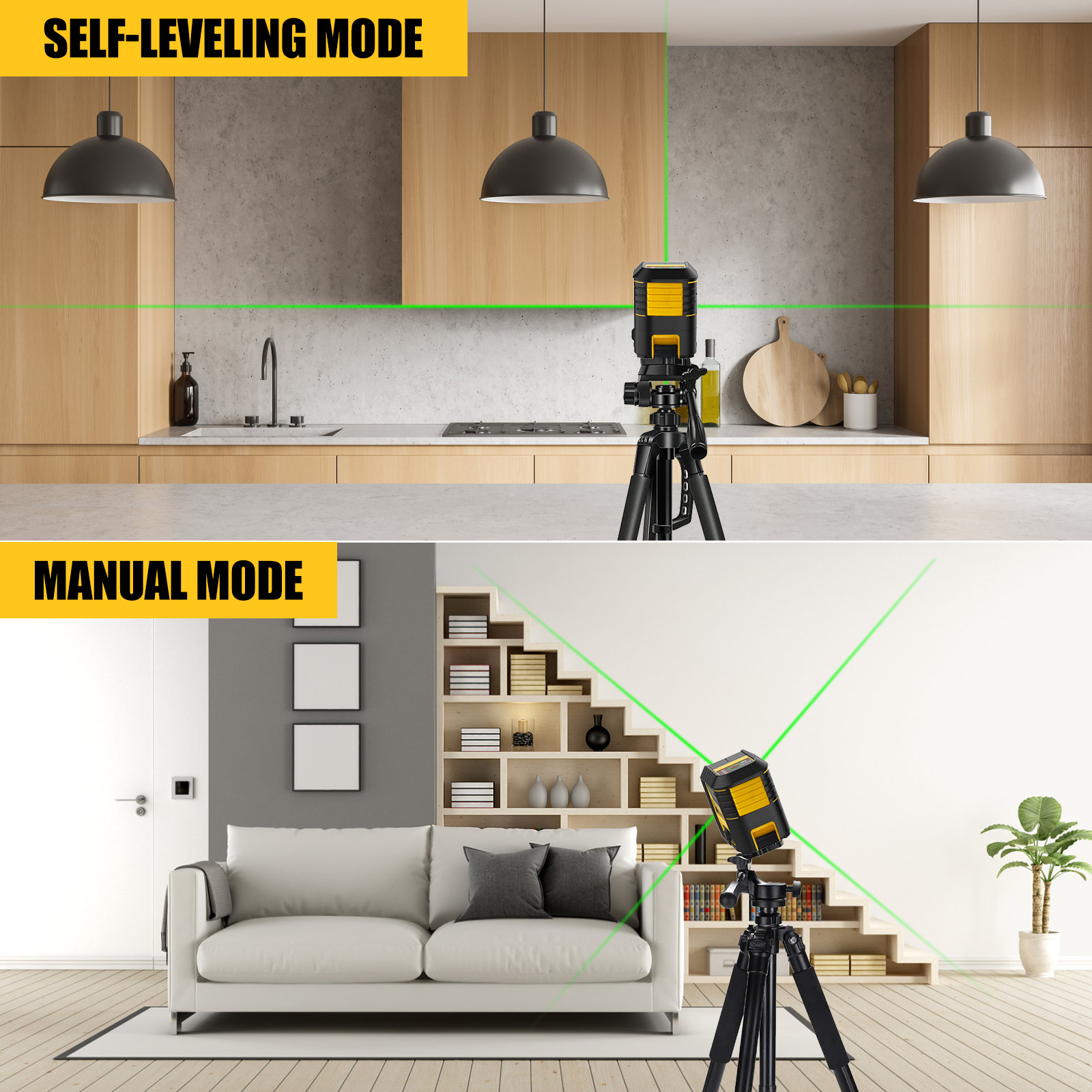 Green Cross Line Laser Level Tool with Self-Leveling & Manual Modes, Ideal for Picture Hanging and Tiling, Includes 360-Degree Magnetic Base & Battery - Image 2