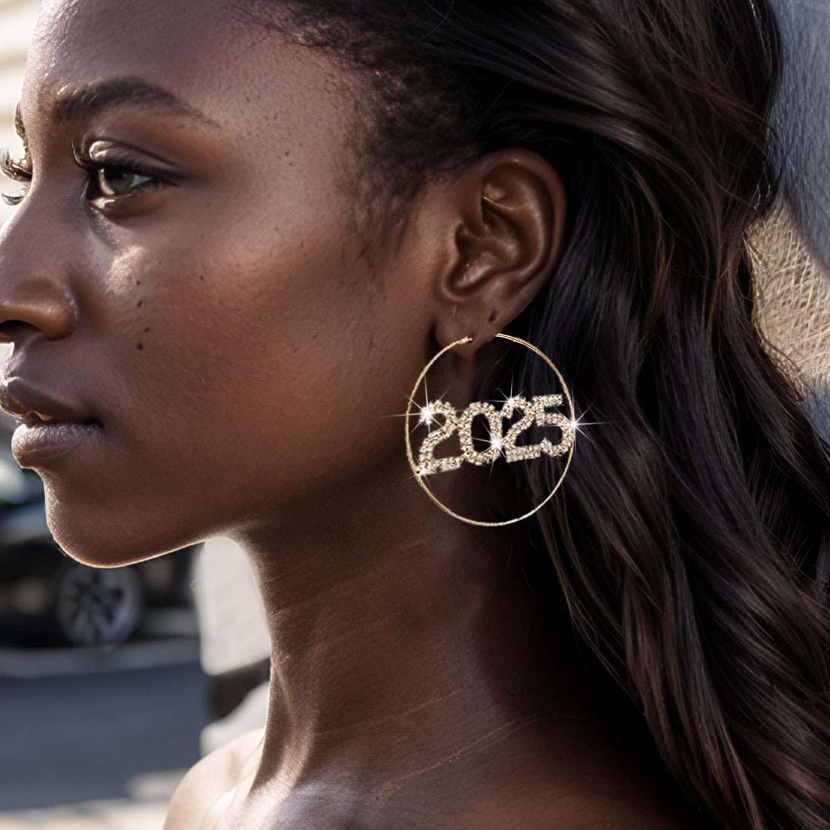 1 Pair of 2025 Fashion Ring Earrings – Full Rhinestone Digital Design in Copper for New Year Party Jewelry Accessories - Image 2