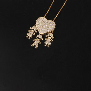 Heart-Shaped Gold Color Cubic Zirconia Pendant Necklace for Son & Daughter - Perfect Family Jewelry Gift for Mom