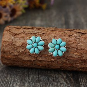 Vintage Bohemian Floral Silver Inlaid Turquoise Stud Earrings - Retro Charm