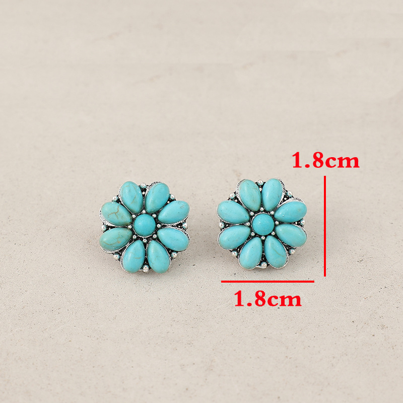 Vintage Bohemian Floral Silver Inlaid Turquoise Stud Earrings - Retro Charm - Image 2
