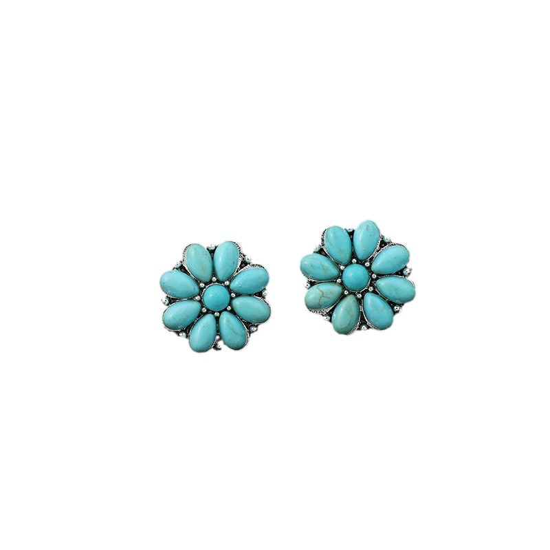 Vintage Bohemian Floral Silver Inlaid Turquoise Stud Earrings - Retro Charm - Image 7