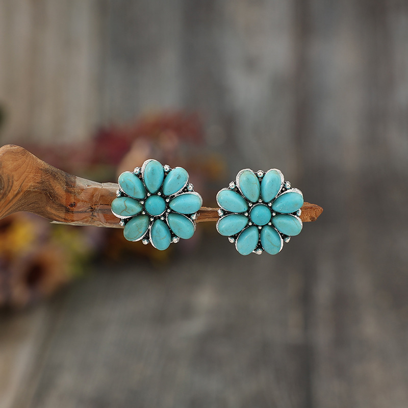 Vintage Bohemian Floral Silver Inlaid Turquoise Stud Earrings - Retro Charm - Image 10