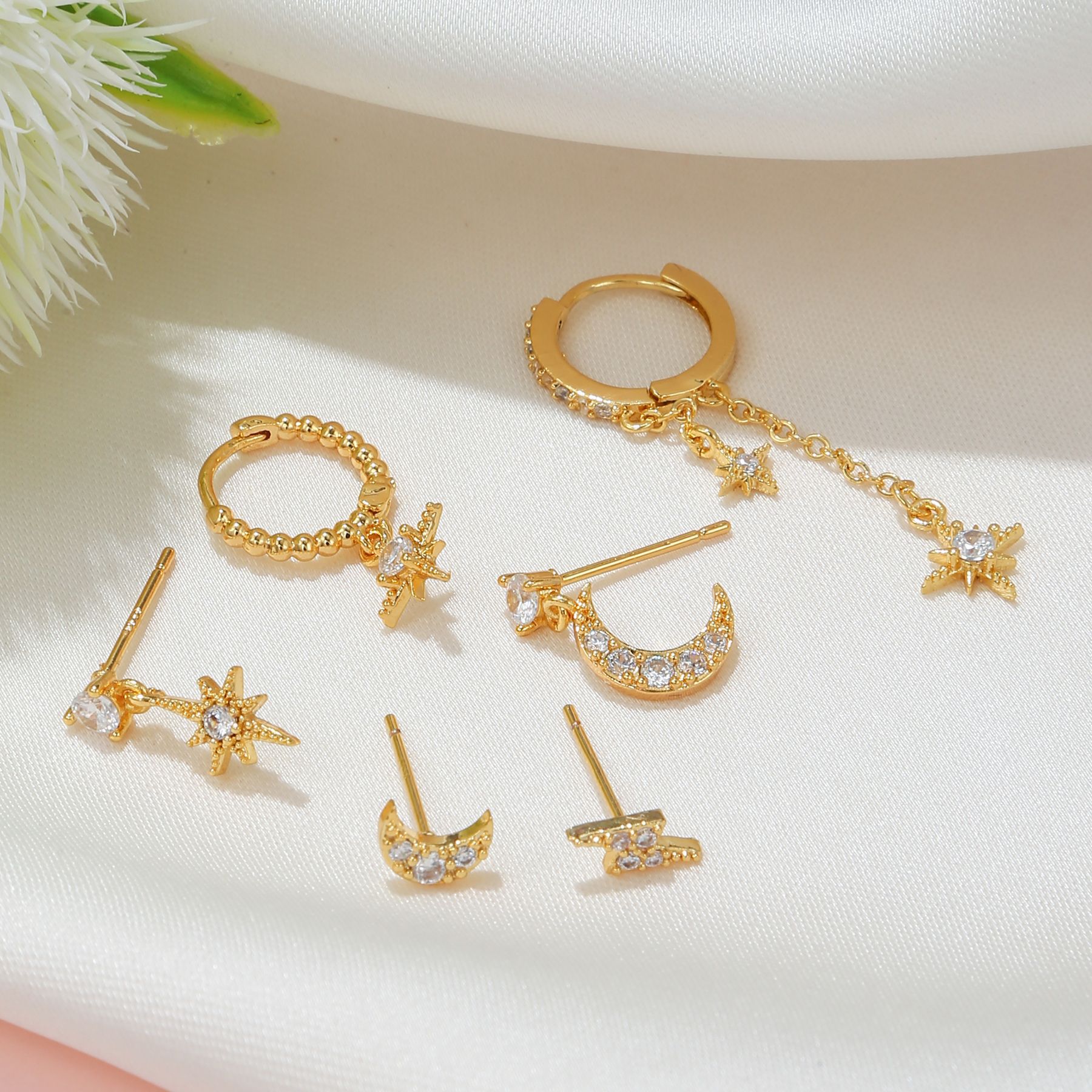 18k Star and Moon Asymmetric Earrings Set - 6 Stunning Pieces - Image 2