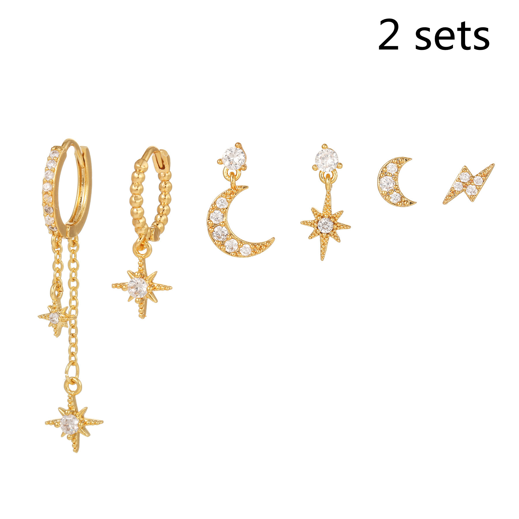 18k Star and Moon Asymmetric Earrings Set - 6 Stunning Pieces - Image 6