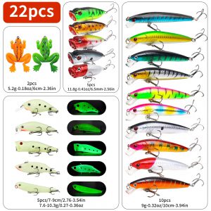 22pcs Hard Lure Bait Set: Soft Frog, Popper, Minnow, Pencil, VIB Luminous Kit with Durable Hooks for Realistic Action