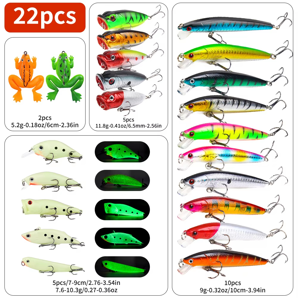 22pcs Hard Lure Bait Set: Soft Frog, Popper, Minnow, Pencil, VIB Luminous Kit with Durable Hooks for Realistic Action
