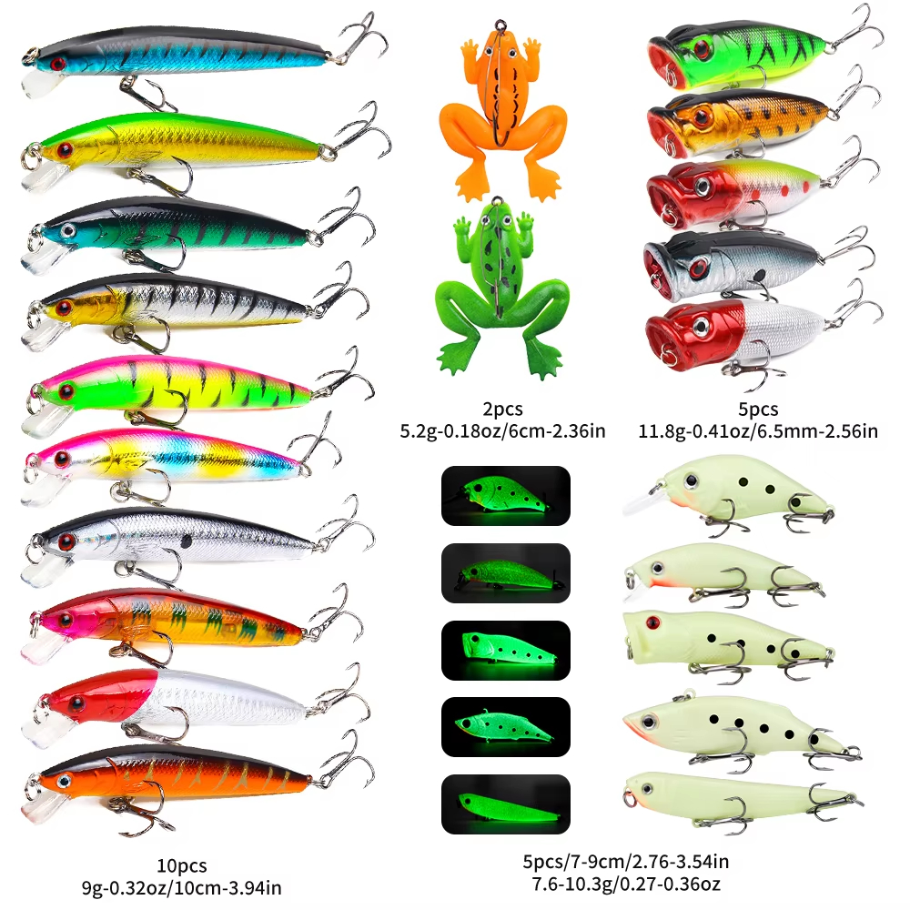 22pcs Hard Lure Bait Set: Soft Frog, Popper, Minnow, Pencil, VIB Luminous Kit with Durable Hooks for Realistic Action - Image 5