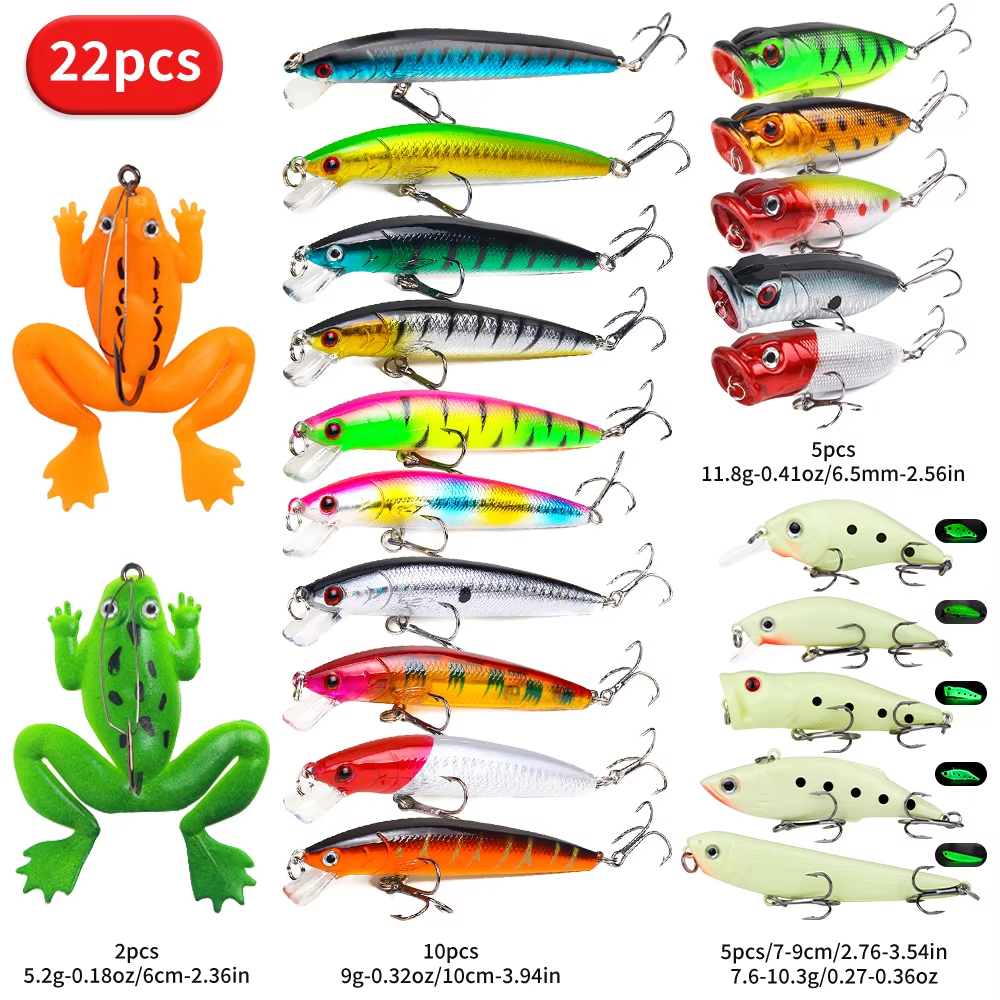 22pcs Hard Lure Bait Set: Soft Frog, Popper, Minnow, Pencil, VIB Luminous Kit with Durable Hooks for Realistic Action - Image 6