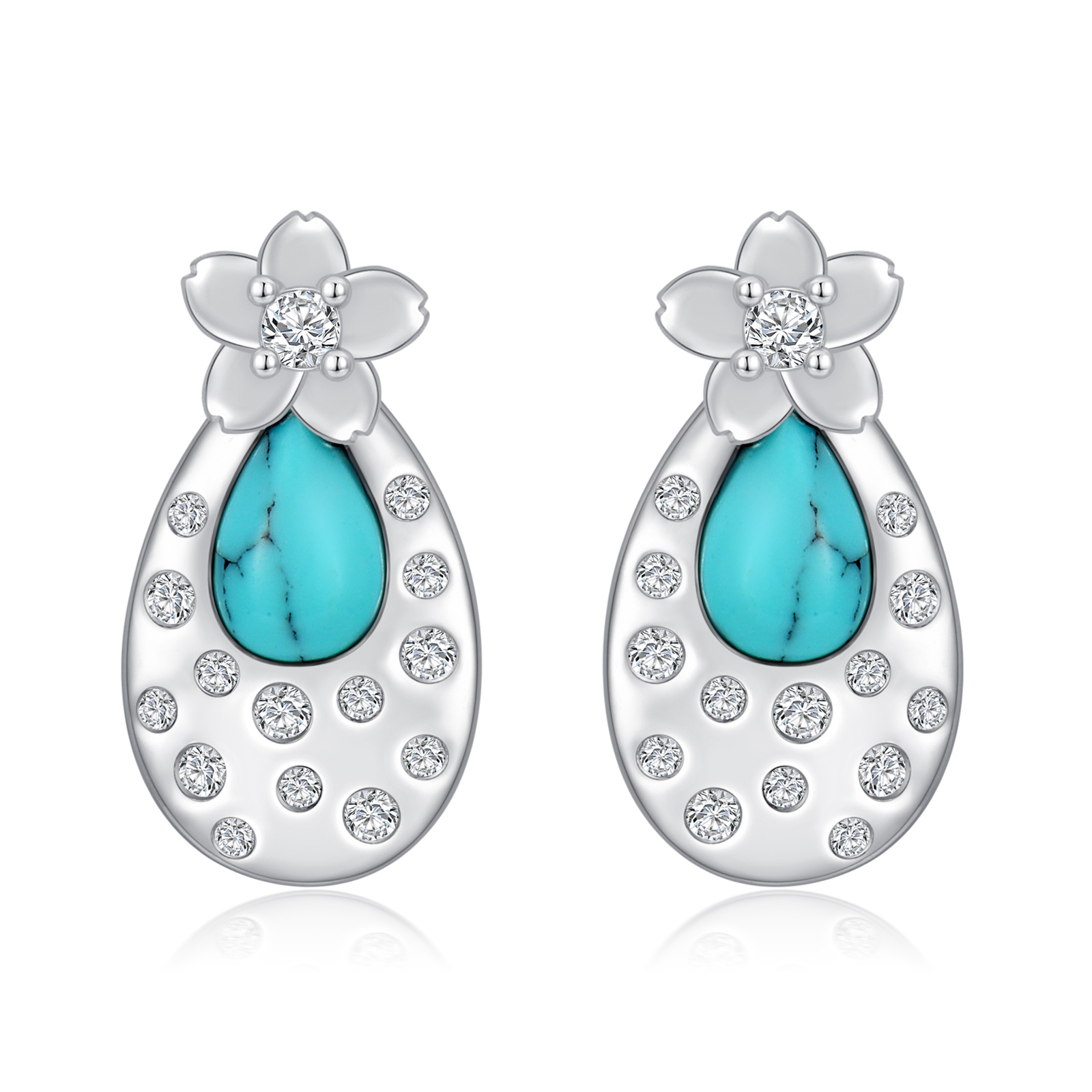 Turquoise Cherry Blossom 925 Sterling Silver Stud Earrings - Elegant & Stylish